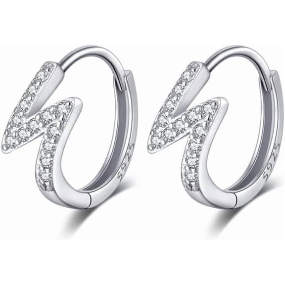 Solid 925 Sterling Silver Lightning Bolt Earrings Hoops for Women Teens Sparkling CZ Hoop Earrings Huggie