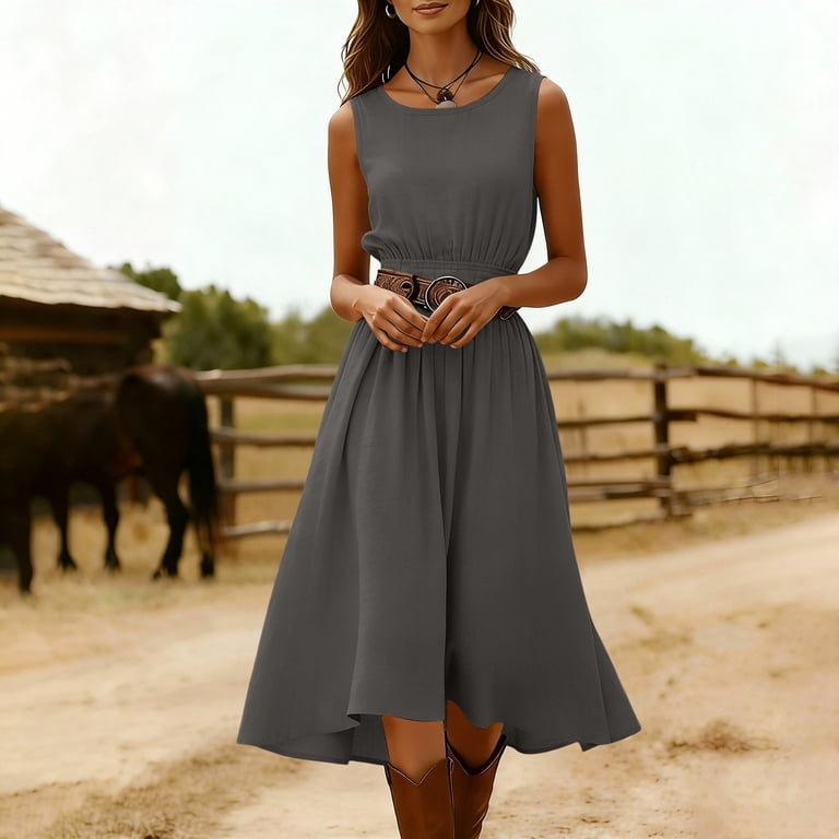 linen tank dress midi POIUYTR Cotton Linen Tank Dress for Womens Casual Crewneck Sleeveless Midi  Dresses Vacation Nipped Waist A-Line Sundress