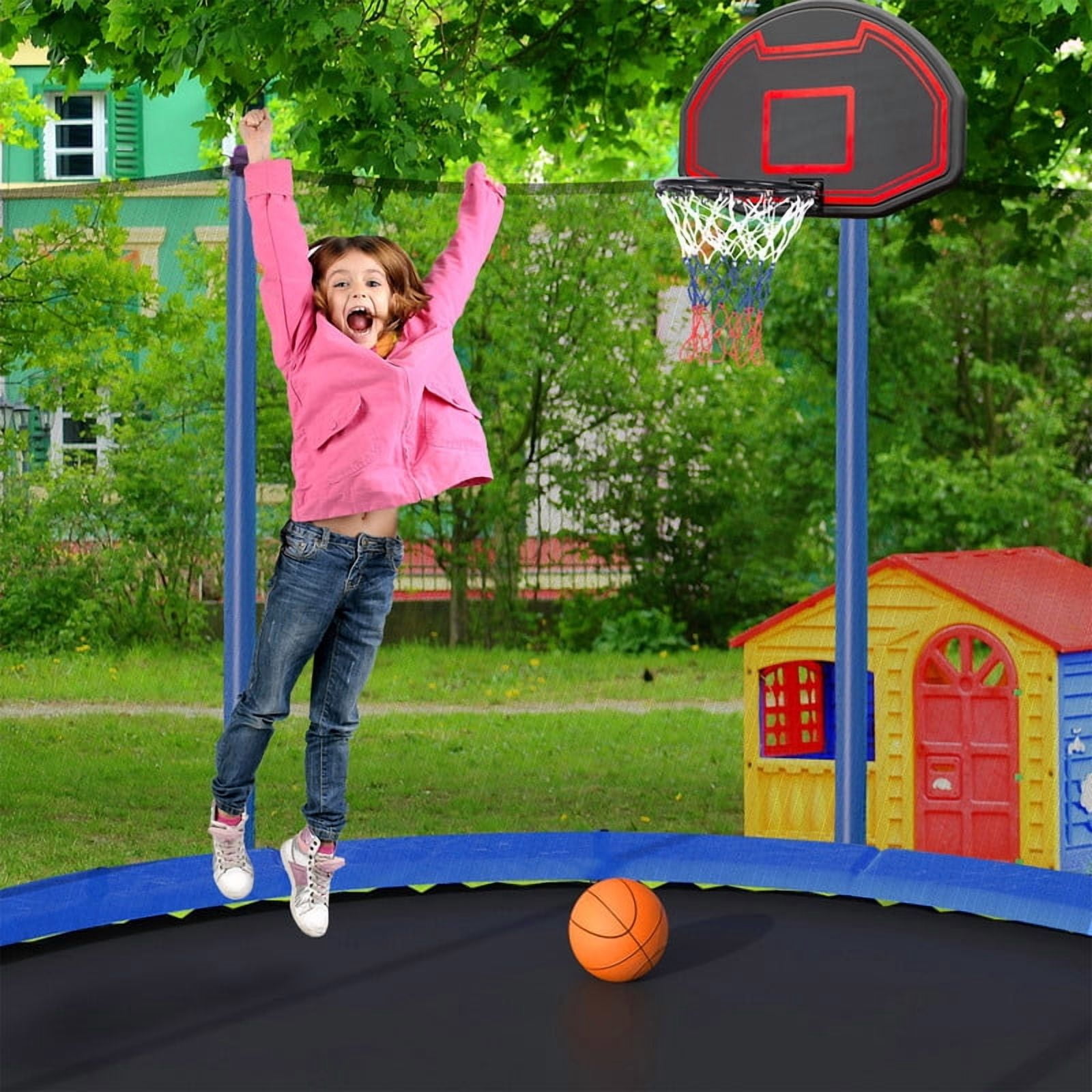 15FT Trampoline with Basketball Hoop, Ladder & Inflator, Outdoor Backyard Trampoline with Safety Enclosure Net, Rust-Resistant Galvanized Frame for Kids & Adults, Blue
