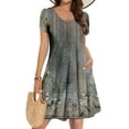 thumbnail image 2 of Women's Casual T Shirt Dress Summer Short Sleeve Swing V Neck Flowy Beach Dress With Pockets B-Gray, 2 of 8
