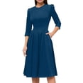 thumbnail image 2 of LISTHA Vintage Midi Dresses for Women Modest 3/4 Sleeve Crew Neck Wrap Dress A Line Pleated Wedding Guest Dress with Pockets Dark Blue L, 2 of 6