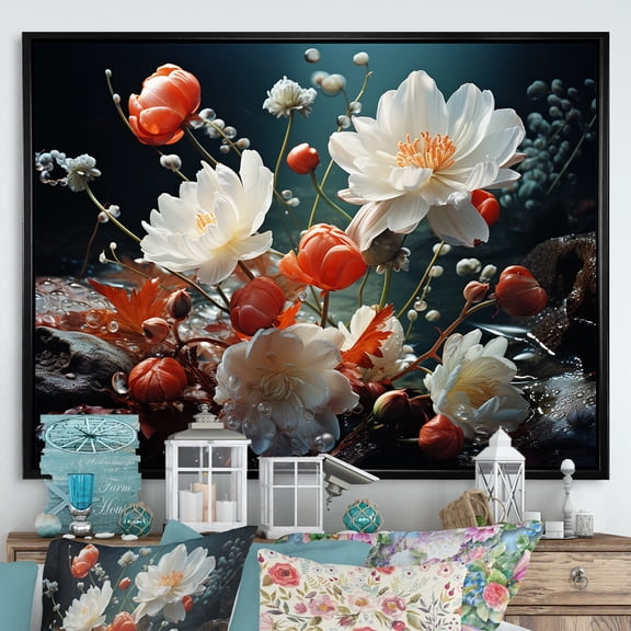 Designart "Enchanting White Floral Beauty" Flowers Floater Framed Wall Art Living Room