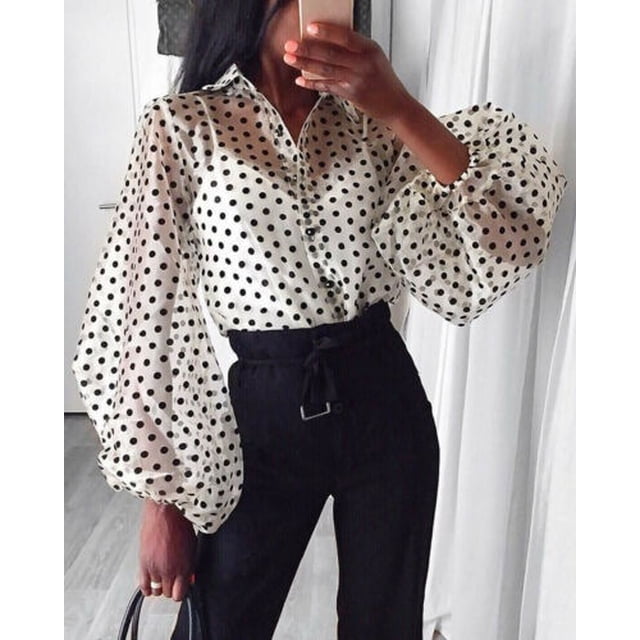 Femmes Polka Dot Transparent à Travers Longues Manches Blouse Club T Shirts