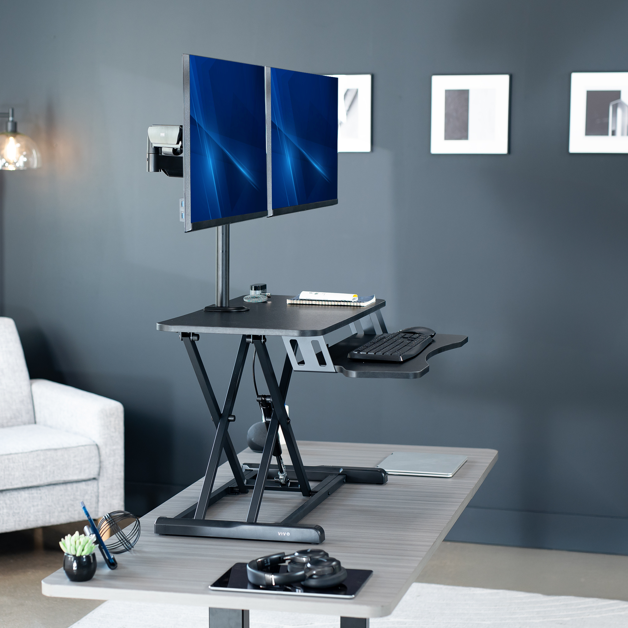 VIVO Black 32" Standing Desk Riser with Dual Monitor Arm for up to 32" Screens