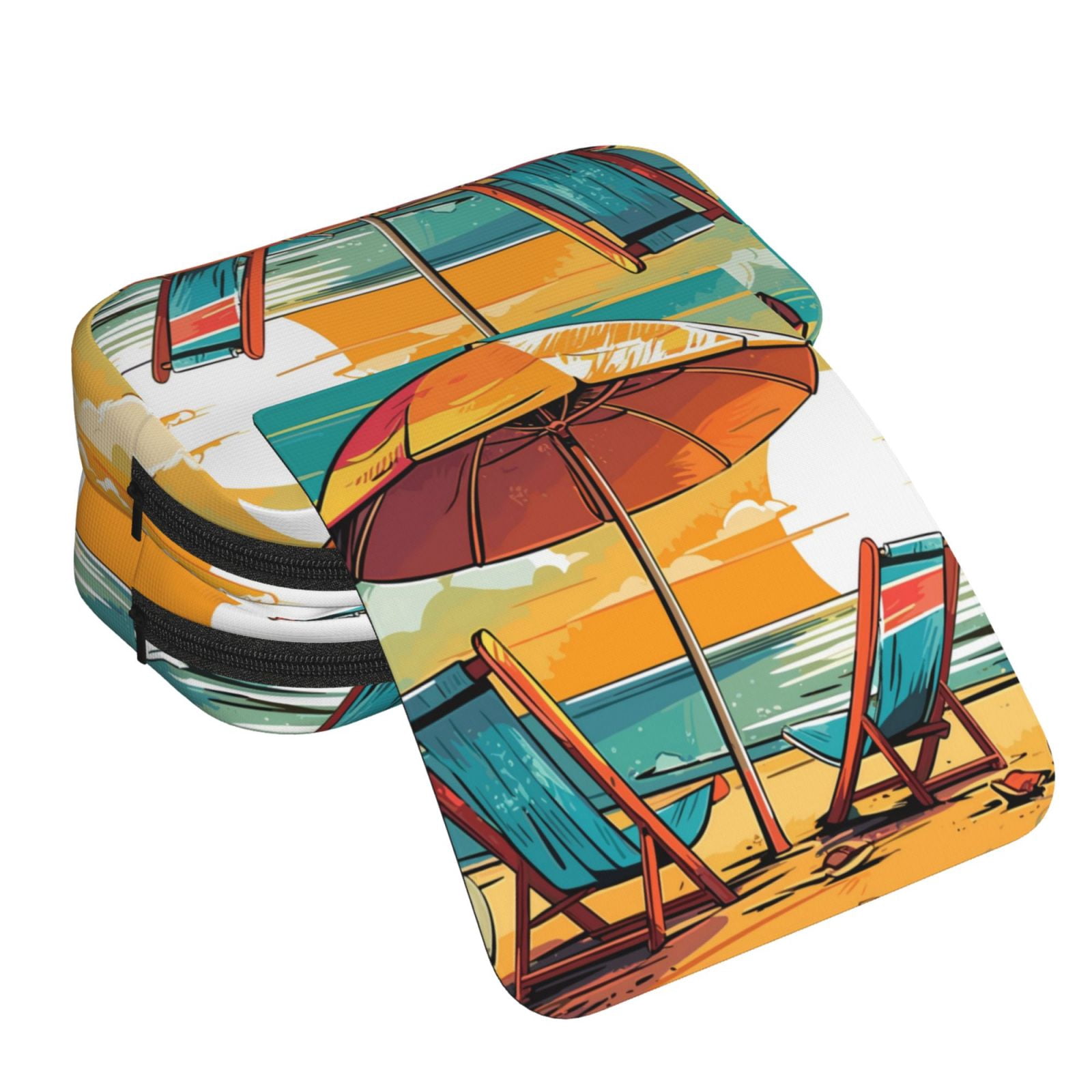Rateoe Vintage Beach Sunset Pattern Double Clamshell Pen Case, Storage Organizer with Two Zipper Compartments– Holds Up to 50 Pencils & Pens