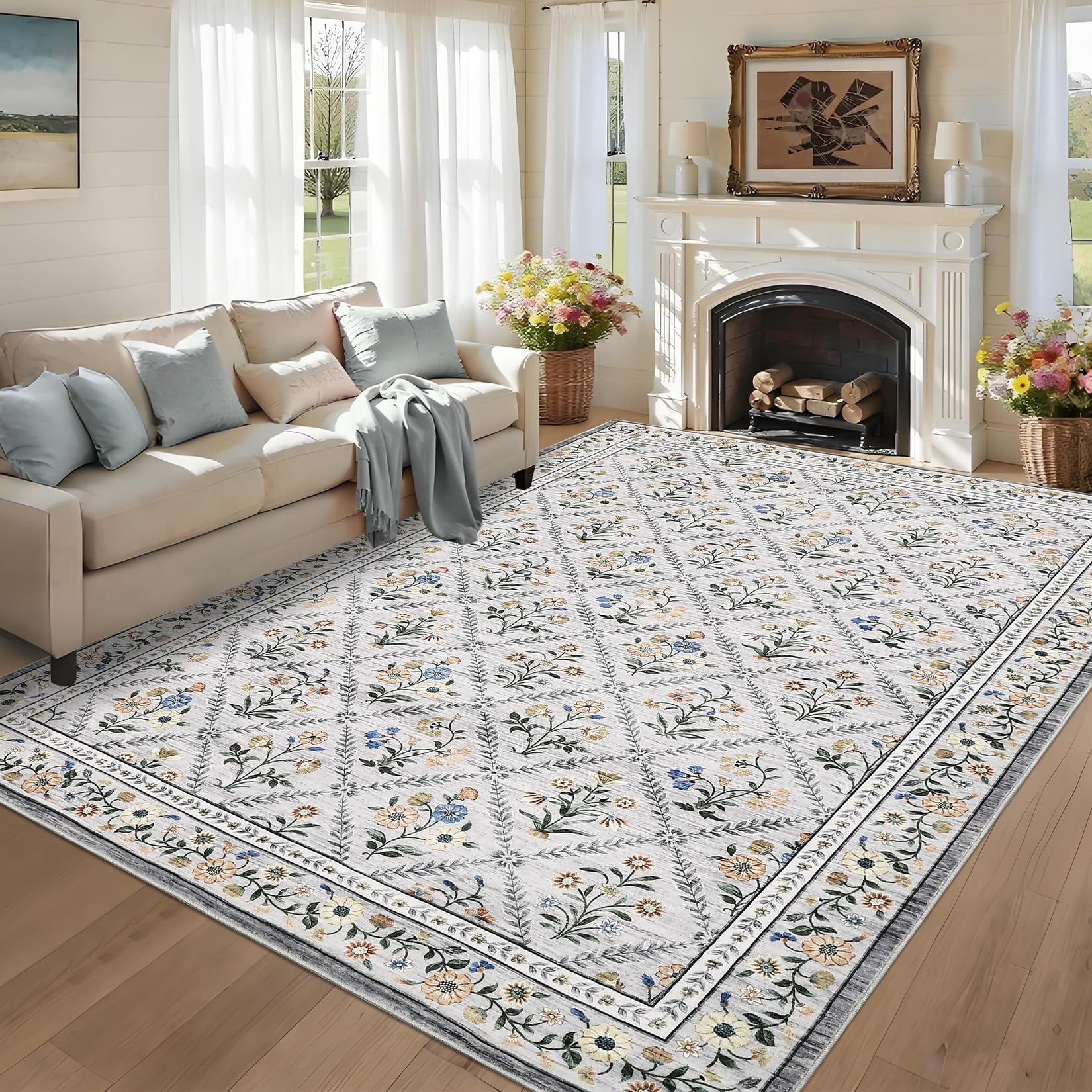 COZONY 10x13 Washable Area Rug, Distressed Vintage Floral, Non-Slip Low Pile Soft Rug for Living Room, Bedroom, Dining Room, Farmhouse Decor, Ash