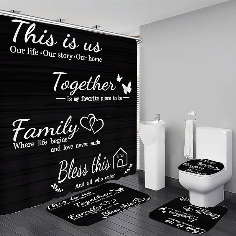 Letter Plank Pattern Shower Curtain Set for Bathroom 4 Pcs Black Bathroom Accessory Decor Sets with Shower Curtain and Rugs