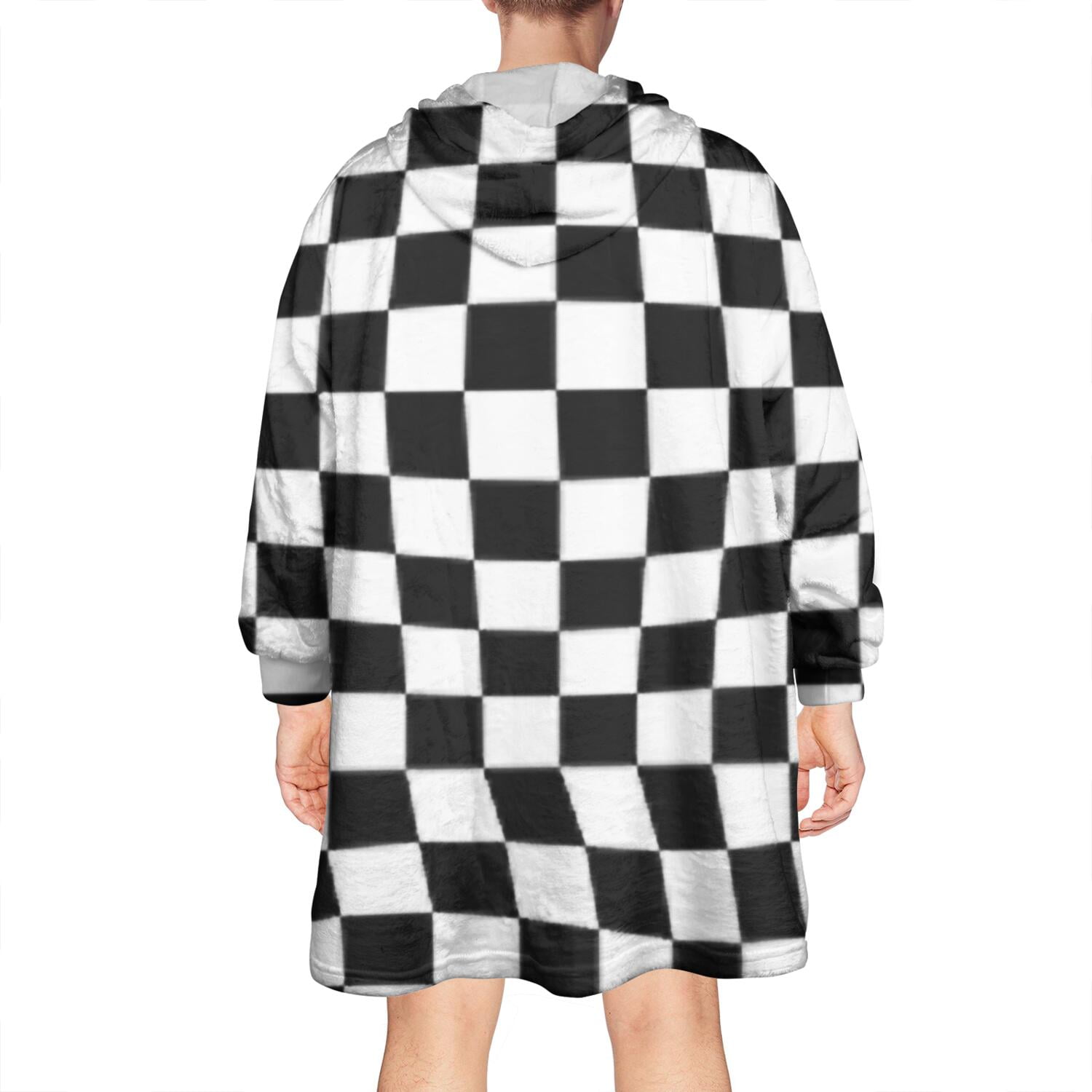 Black and White Checkered Pattern Wearable Oversized Blanket,Wearable Blanket Hoodie for Adults,Cozy Hooded Blankets with Super Pockets,Super Warm Fuzzy Pullover for Women & Men