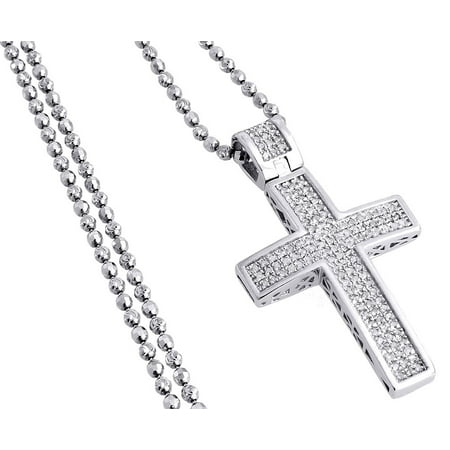 Diamond Pendant Mini Jesus Piece Cross .925 Charm 0.75 Ct with Moon-cut Chain