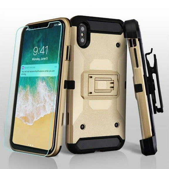 Apple iPhone Xs Max (6.5 Inch) Phone Case Combo TUFF Hybrid Kinetic Armor Rugged TPU Dual Layer Hard Protective Cover Belt Clip Holster with Screen Protector Gold Phone Case for Apple iPhone Xs Max