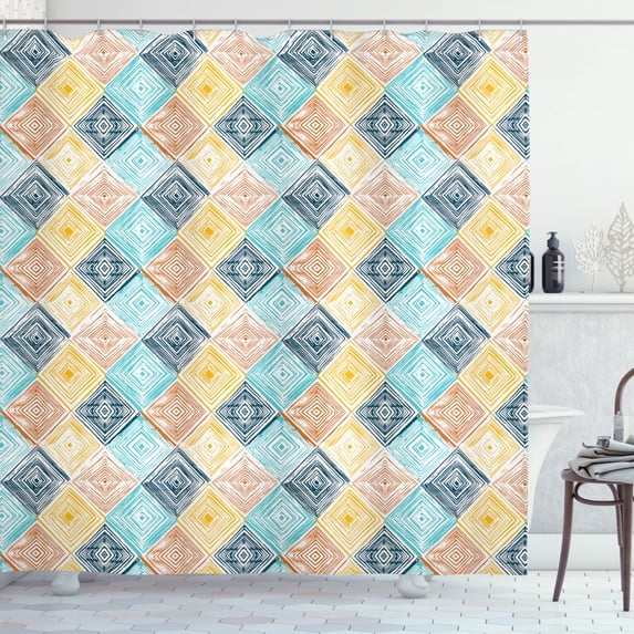 Geometric Shower Curtain, Hand Drawn Style Rhombus Pattern in Pastel Colors Simple Tie Dye Tile Design, Fabric Bathroom Set with Hooks, 69W X 84L Inches Extra Long, Multicolor, by Ambesonne