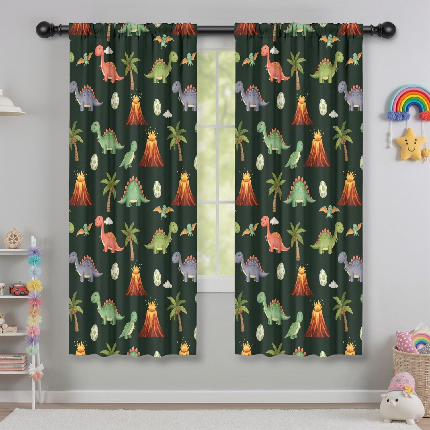 Blackout Kids Curtains,Dark Green Toned Dinosaur and Volcano Pattern Childrens Insulated Curtains Set Of 2,Bedroom Essentials,Toddler Room Decor 42"x63"