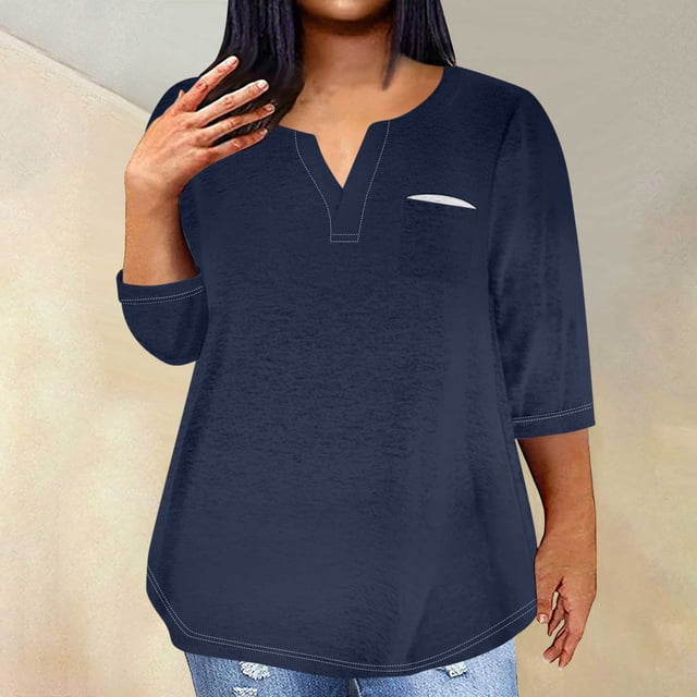 Qertyioot Hauts Grande Taille pour Femmes Été Blouse à Col en V Blouse Décontractée Ample à Manches Longues