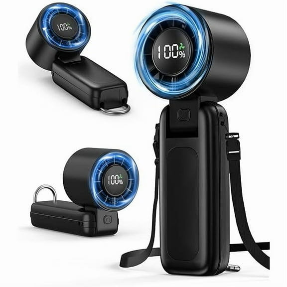 4 in 1 Handheld Portable Turbo Fan, 180° Foldable 6-Speed (1-100) Mini Fan, 5000mAh Rechargeable Battery Operated up to 15 Working Hours, LED Display Personal Cooling for Travel Indoor Outdoor Black