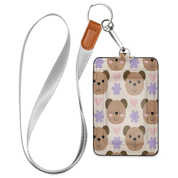 PU Leather Badge Holder Lightweight ID Card Holder with Window Pocket Flower and Little Bear