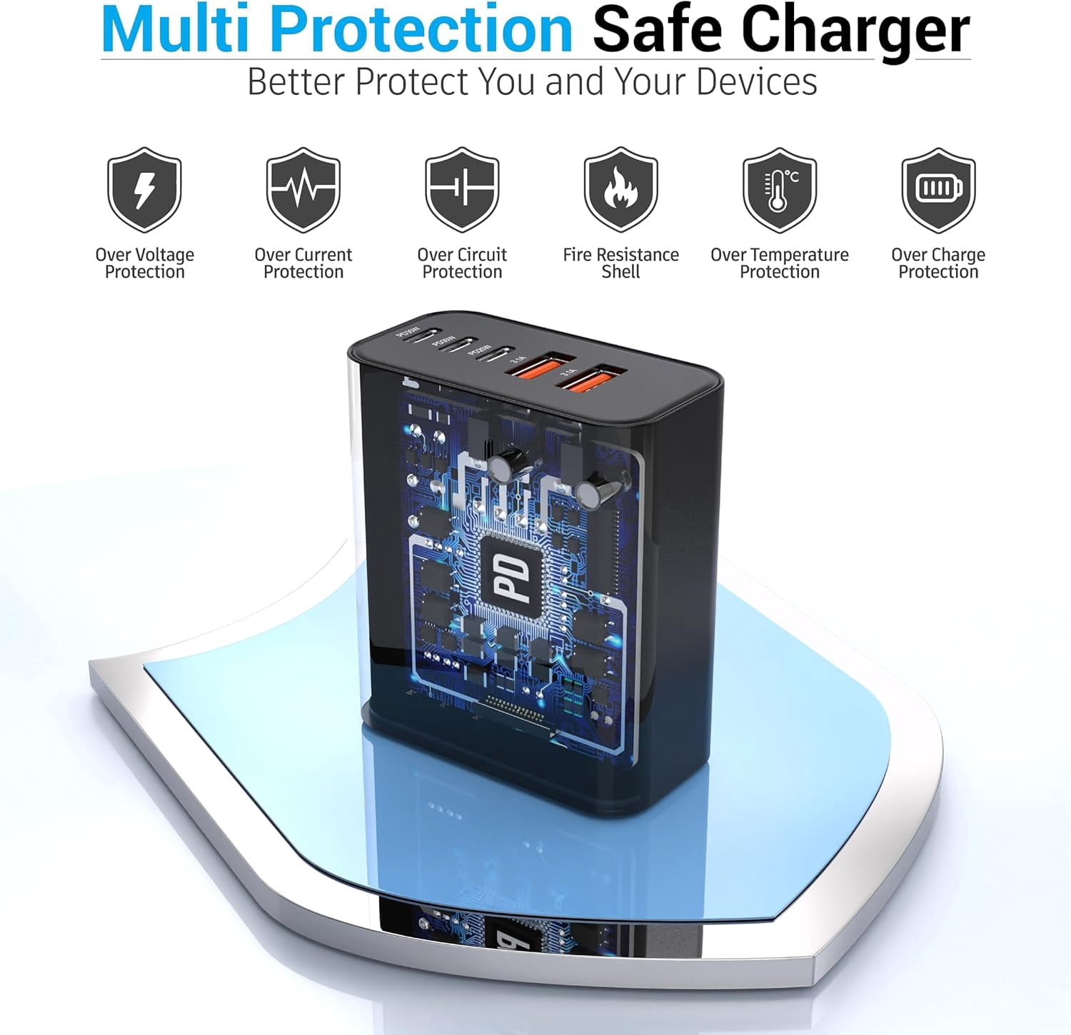 RGHJAR-60W USB-C Charger Block (2-Pack), 5-Port Fast Charging Hub (3 USB-C, 2 USB-A), PD 3.0 Type C Power Brick Compatible with iPhone 17/16/15, iPad, & Samsung Galaxy - Black