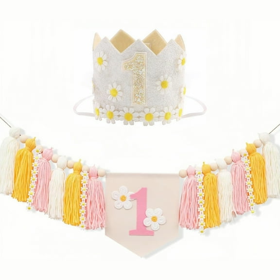WuPing First Birthday High Chair Banner Decorations for Baby, Daisy First Crown Hat, Tassel Garland High Chair Banner