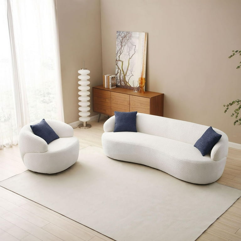 Williamspace 86.6 Deep Long Three Seater Modern Curved Sofa Strong Upholstered Boucle Fabric Beige