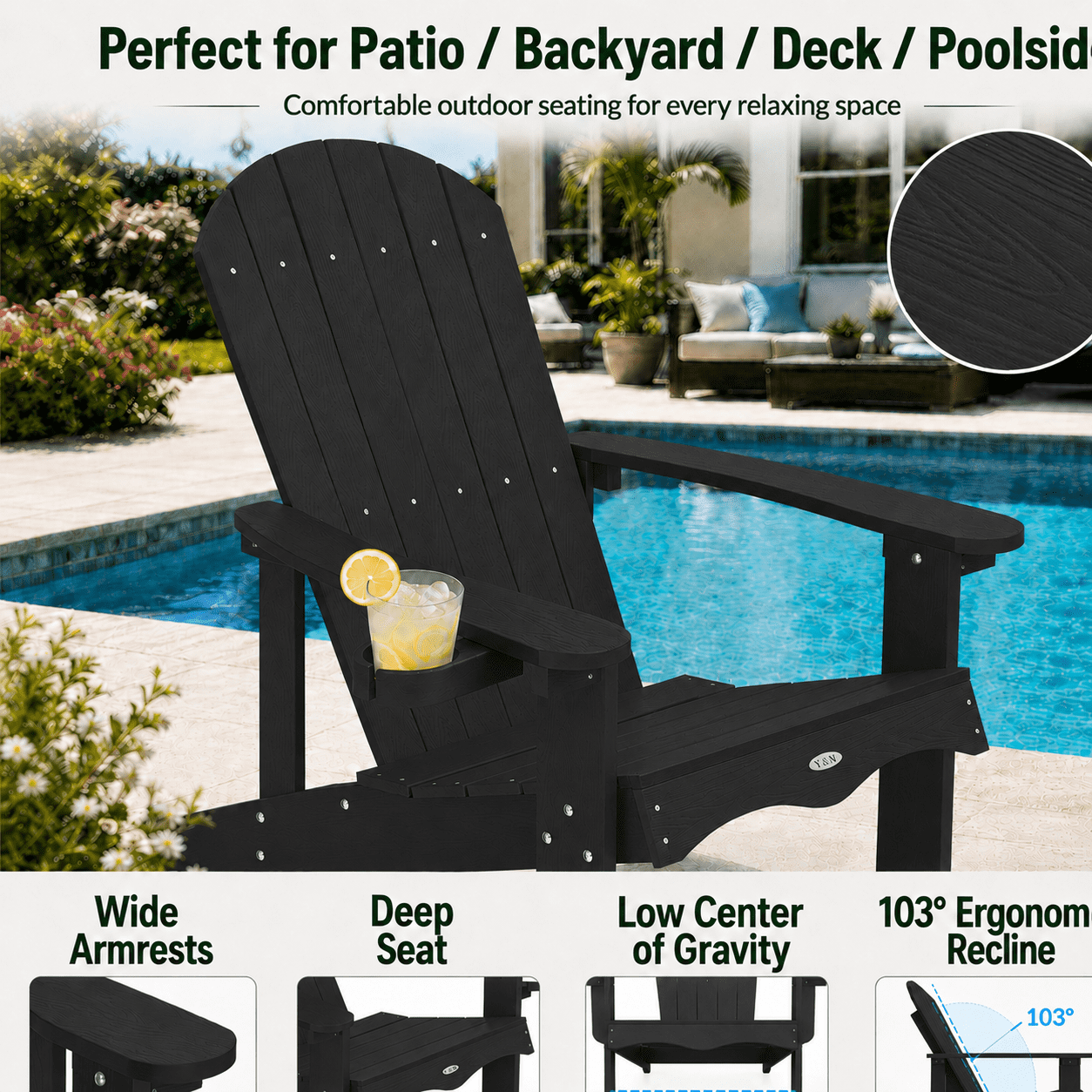 Y&M Adirondack Chair, HDPE Weather Resistant Outdoor Chair with Cup Holder, Black