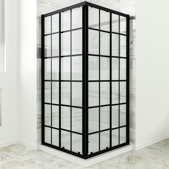 Sunny Shower Double Sliding Shower Doors Black Check Corner Entry Enclosure Shower Base Not Included