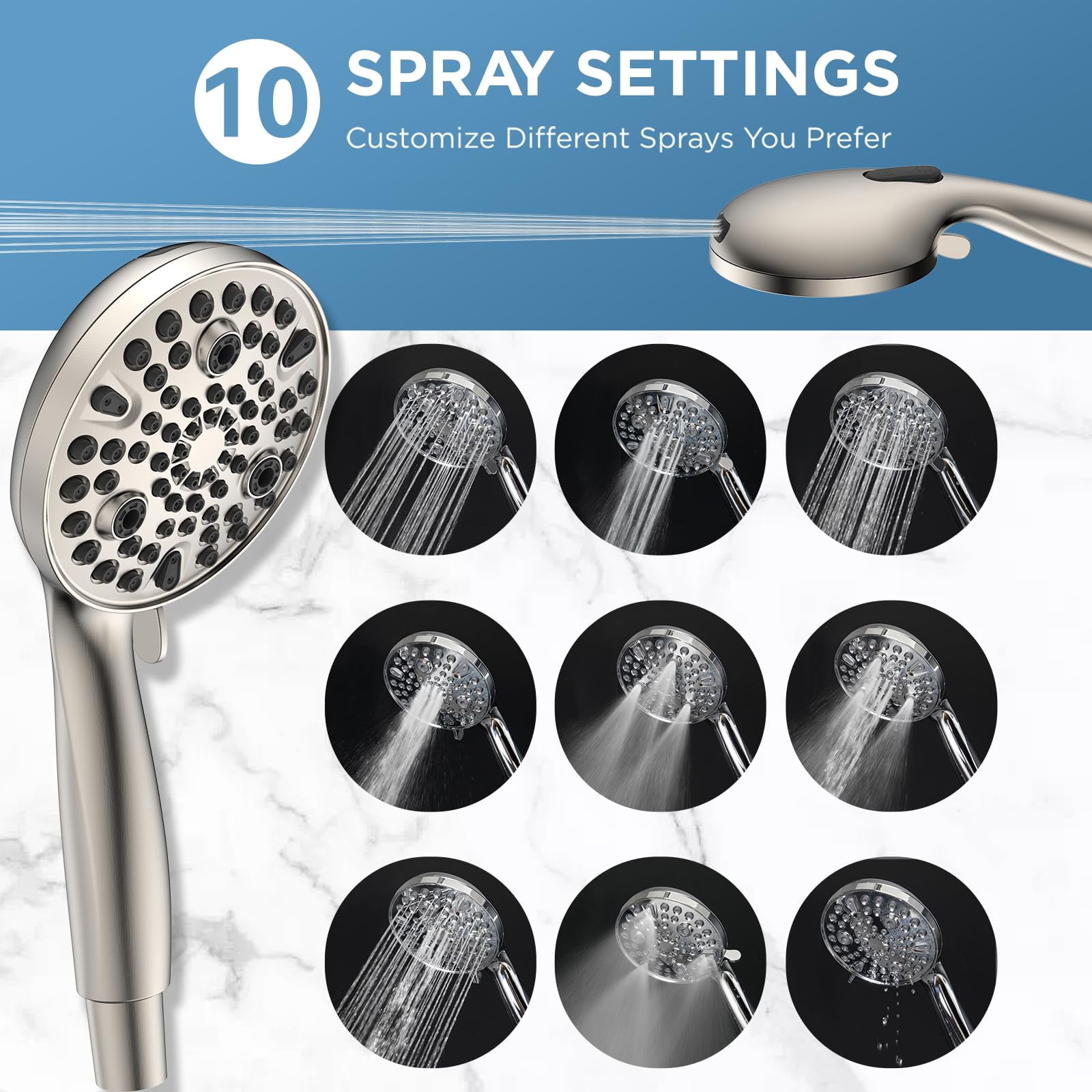 Dual Handheld Shower Head Combo  2-in-1 Rain Heads System 8 Inch Rainfall And 10 Modes High Hand Held Showerhead With Built-in Power Wash
