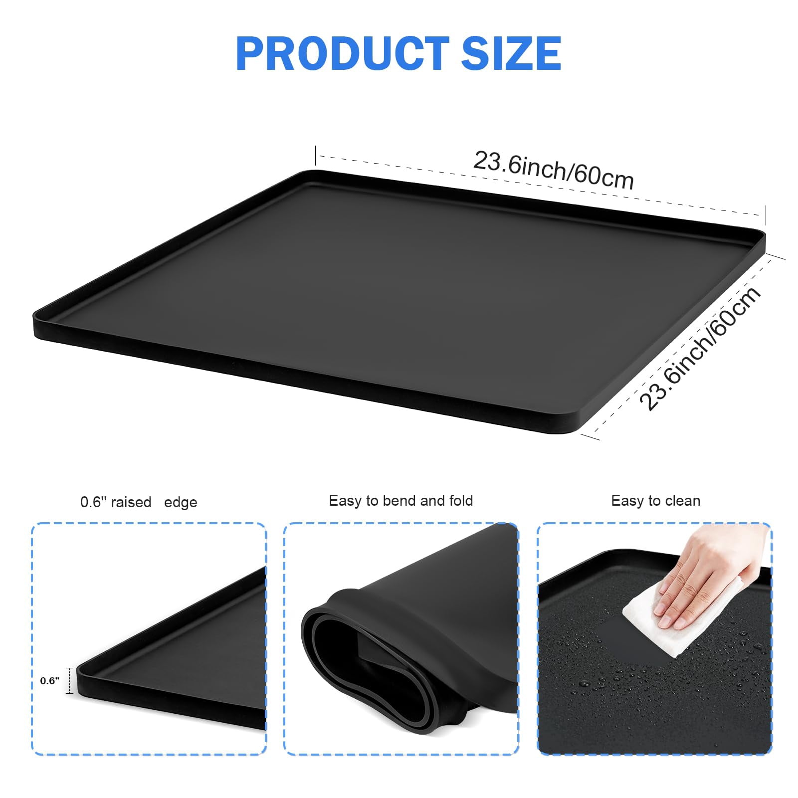 Mini Fridge Silicone Mat with Raised Edge, 23.6''x23.6'' Under Refrigerator Mat, Mini Fridge Beverage Refrigerator Freezer Wine Cooler Mat, Black