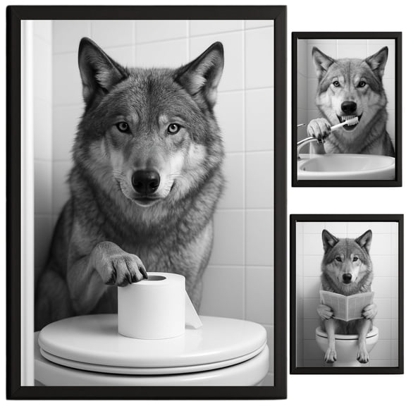 Wolf Bathroom Decor, Wall Art, Farmhouse Photo Picture Set, 3pk, 8.5x11, TheNameStore