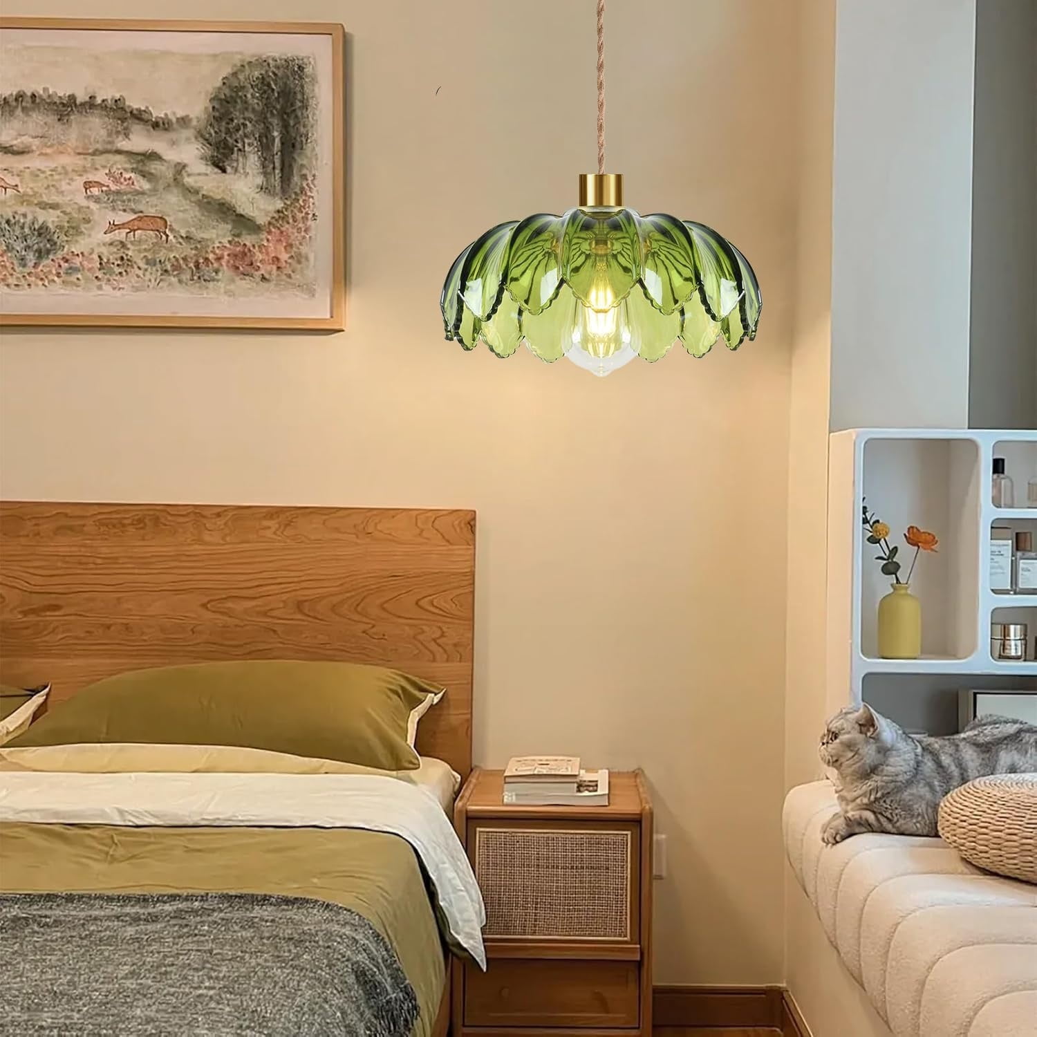 Plug in Pendant Light Hanging Lights with Plug in Cord Boho Hanging Lamp Glass Gold Mid Century Modern Vintage Dimmable Green Flower Plug in Chandelier Ceiling Fixture for Living Room,Kitchen