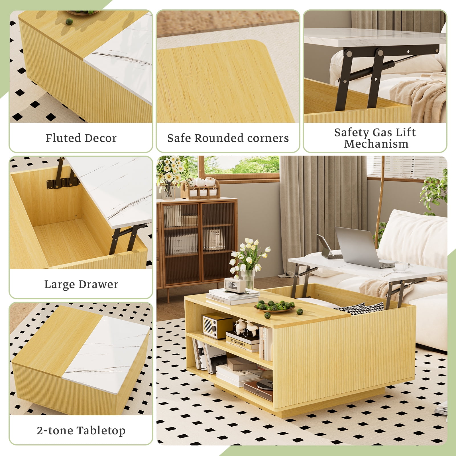 Hommoo Lift Top Coffee Table, Wooden Faux Marble Console Table with Storage, 24-Color LED Lights, Wireless Charging and Bluetooth Speaker, White