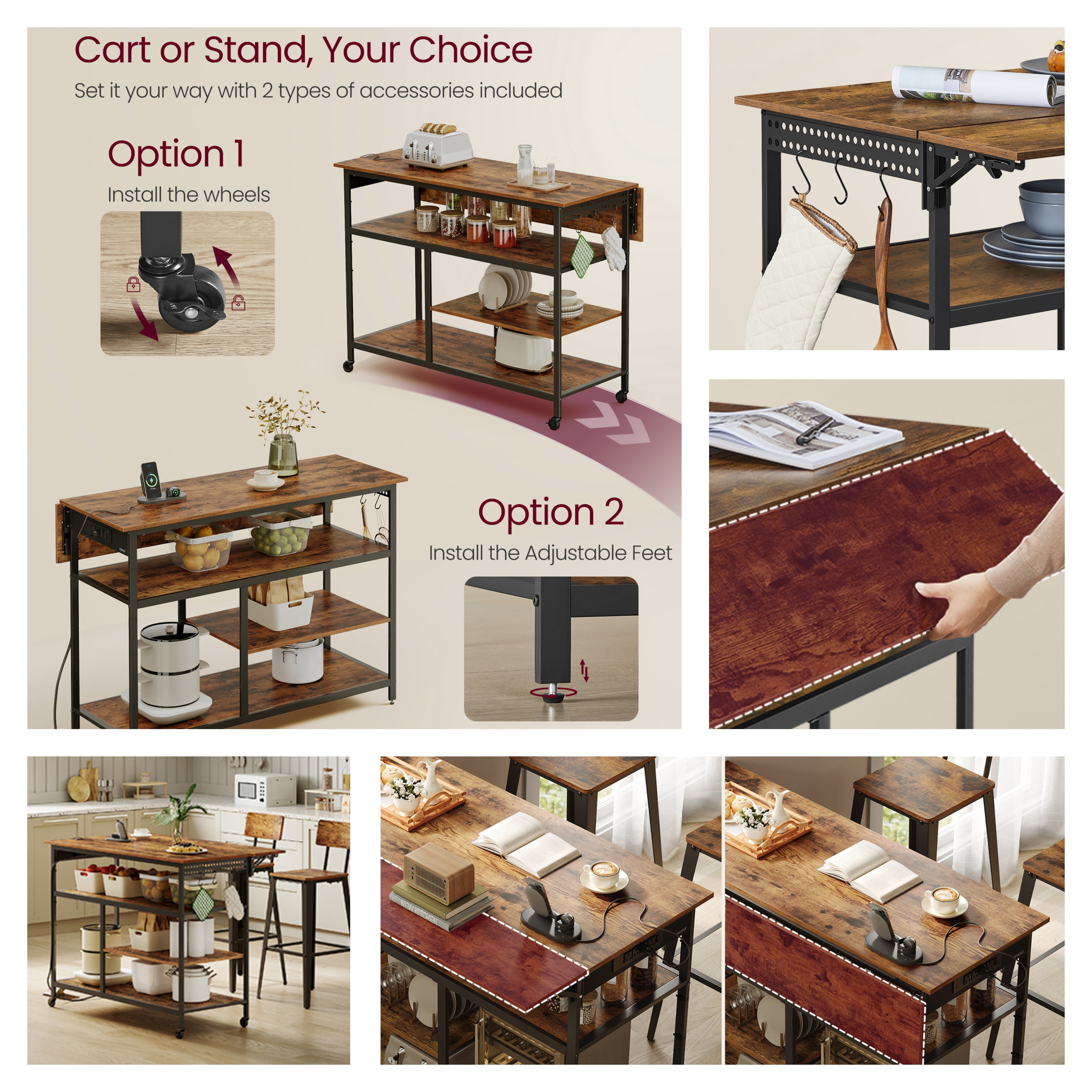 LEDREM Kitchen Island Cart with Drop Leaf & Power Strip - 47.2" Extendable Worktop, Adjustable Shelf, Locking Wheels, Rustic Brown and Black