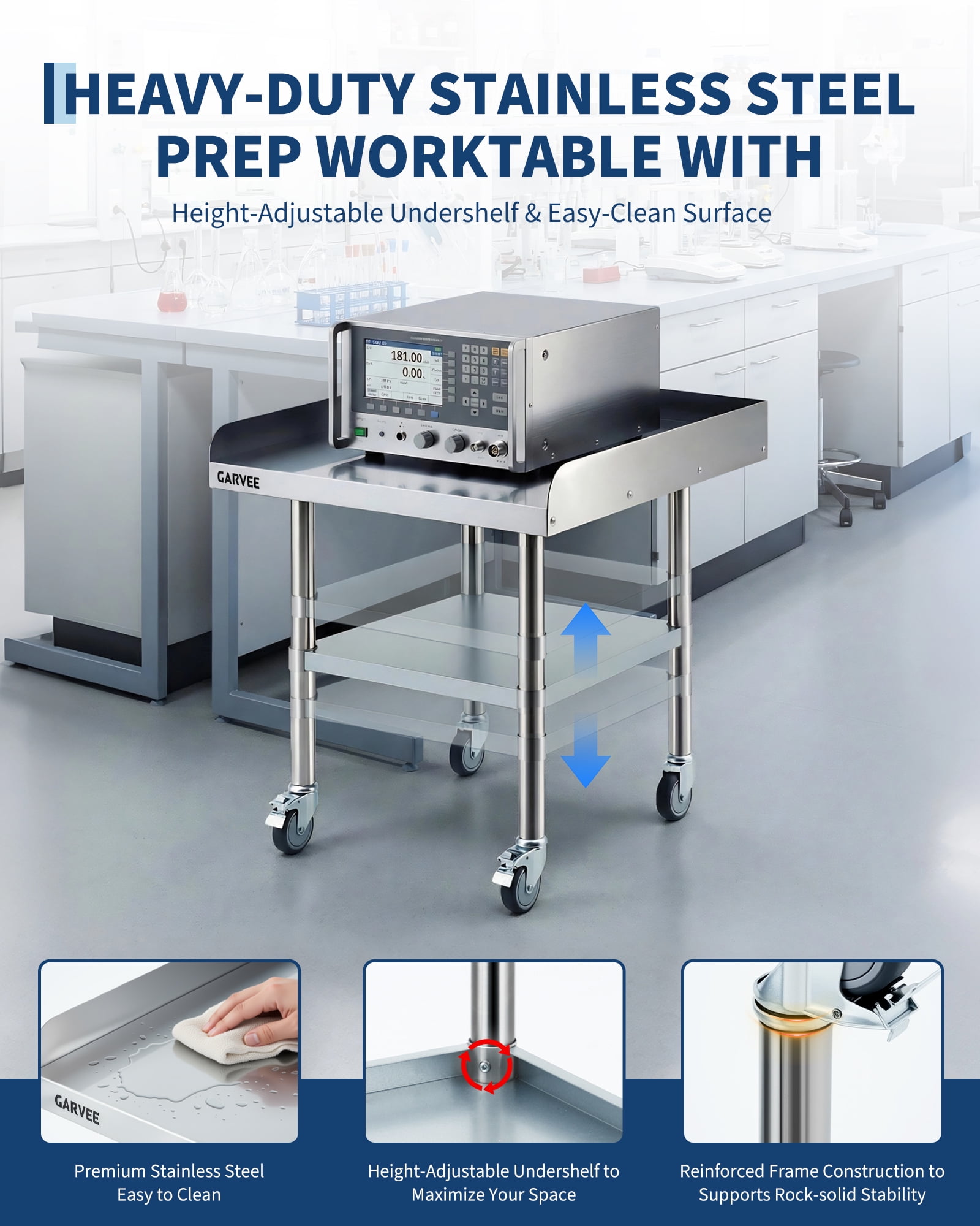 Stainless Steel Work Table, 30x30 Inch Commercial Food Prep Worktable with Wheels, Detachable 3-Sided Backsplash & Height-Adjustable Shelf for Kitchen Restaurant Garage