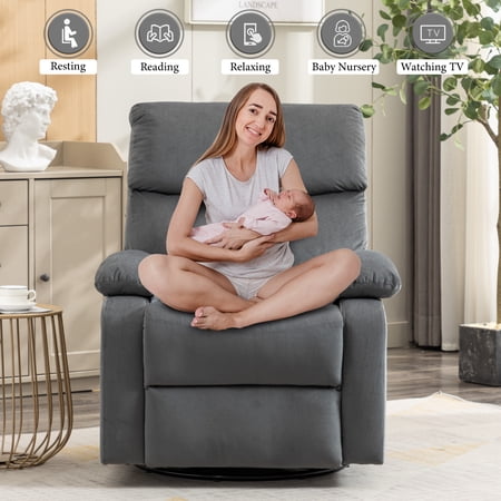 Swivel Rocker Recliner Chair, 360° Micro Velboa Ergonomic Manual Small Recliners for Small Spaces Living Room Grey