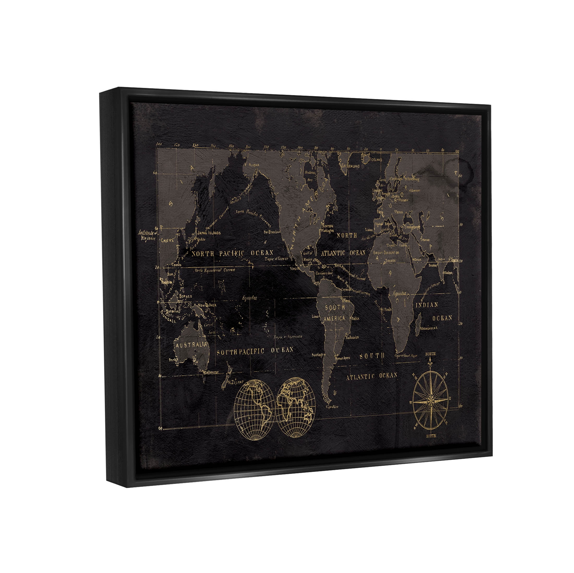 Stupell Industries Black Detailed World Map Graphic Art Jet Black Floating Framed Canvas Print Wall Art, Design by Carol Robinson