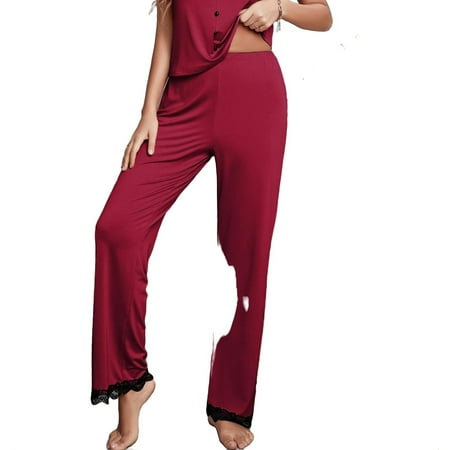 

Women s Pajama Sets Burgundy Elegant Colorblock Spaghetti Strap Pant Sets Sleeveless