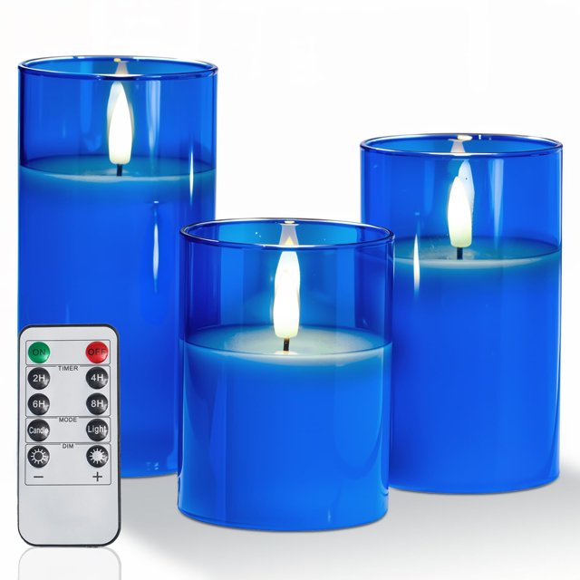 Velas sin llama Amagic Blue Glass con mando a distancia, juego de 3