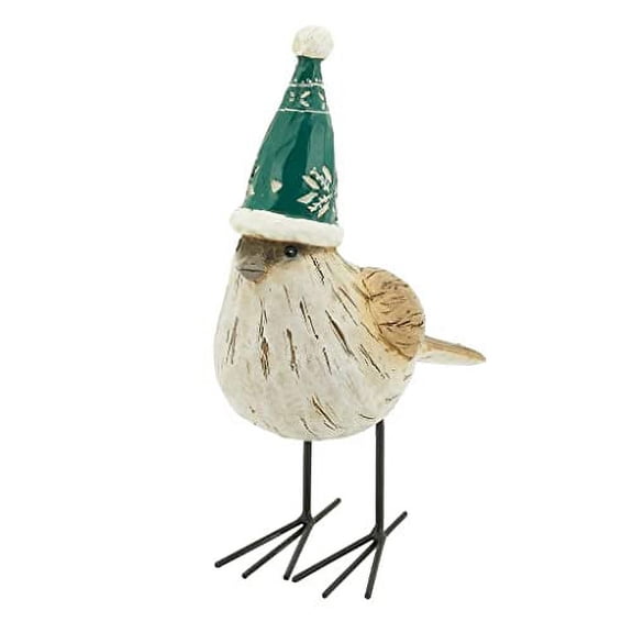 Fennco Styles Decorative Resin Standing Bird with Green Winter Hat Sculpture Figurine 6.5" High for Farmhouse, Tabletop, Bookshelf, Garden, Christmas and Holiday Décor