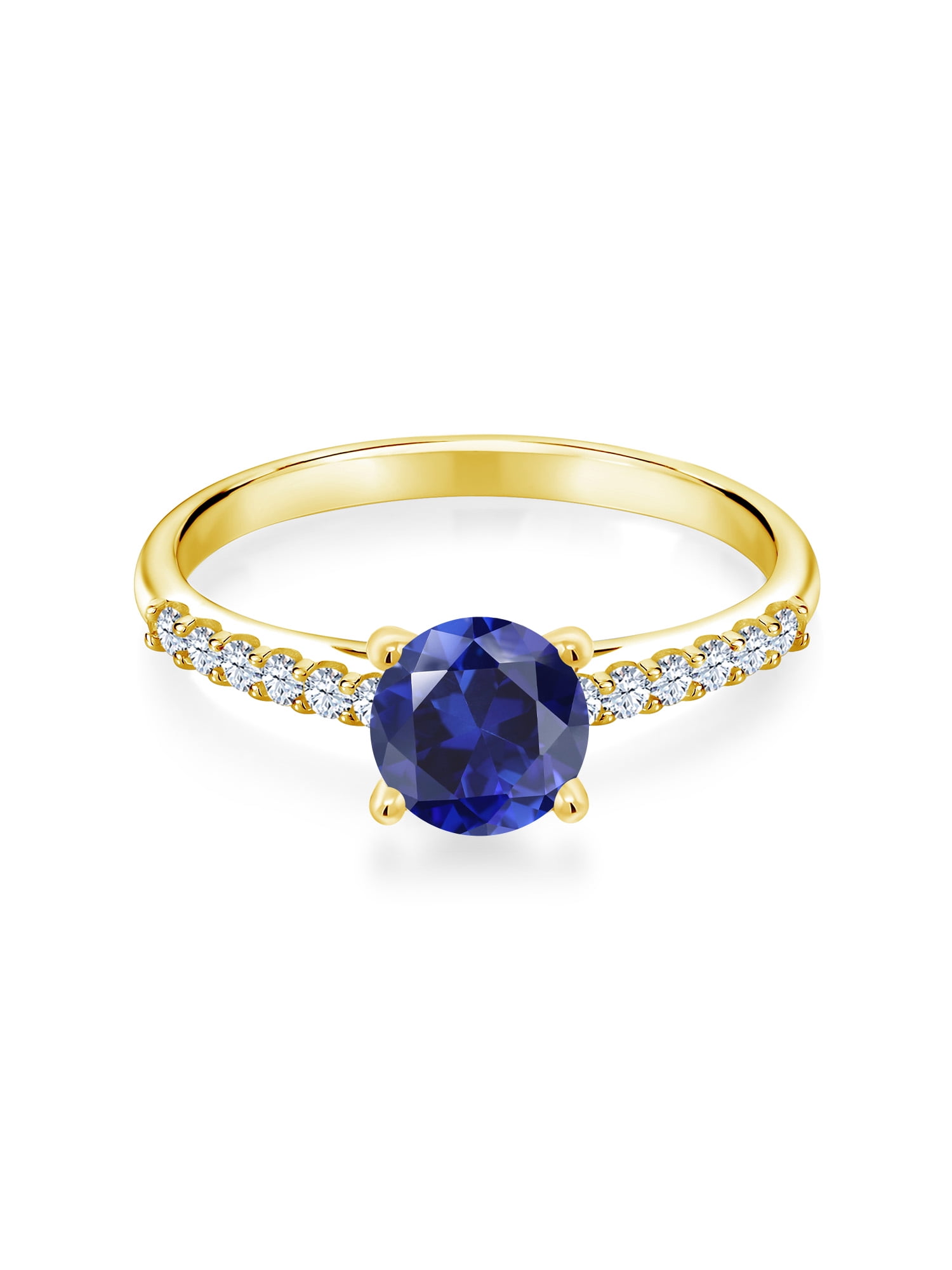 Gem Stone King 1.18 Ct 6mm Round Blue Created Sapphire White Created Sapphire 10K Yellow Gold Ring
