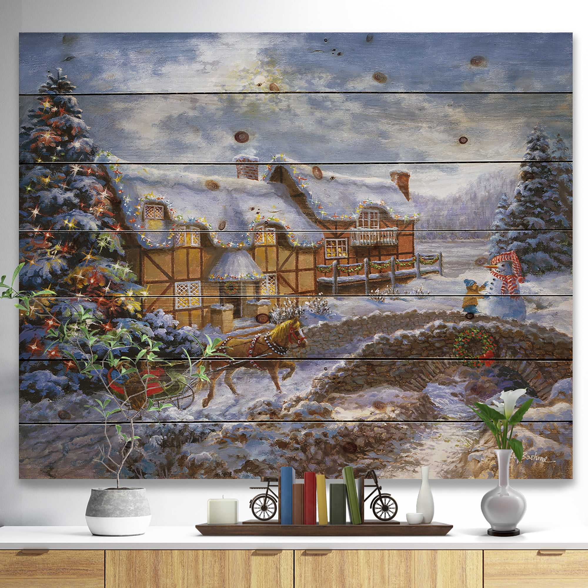 Designart 'Christmas Tree with horse and open sleigh in winter landscape' Print on Natural Pine Wood