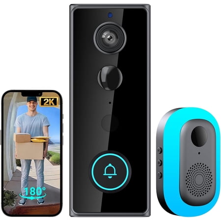 TTJ Video Doorbell Camera 2K with Chime, No Monthly Fee, Head-to-Toe View, 180° Large Field of View,Night Vision,AI Motion Detection, 4000mAh Battery Powered, 2.4GHz WiFi Only, IP65 Weatherproof