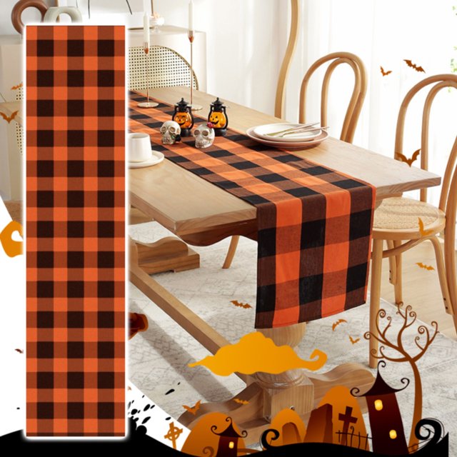 AKEGAMN Linen Orange Black Plaid Table Runner Tablecloth Farmhouse Fall Halloween Home Kitchen Table Decorations (Orange And Black) Table Runner Party Checkered Tablecloth Material: The main compone