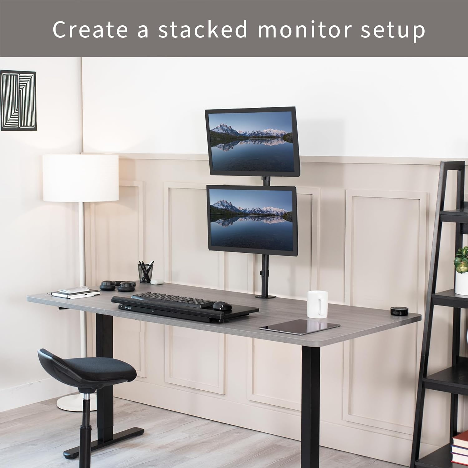 Dual Vertically Stacked Monitor Desk Mount,  Tall Adjustable Stand for 2 Ultrawides  to 34 inches, 22 lbs Capacity, Black, STAND-V002T