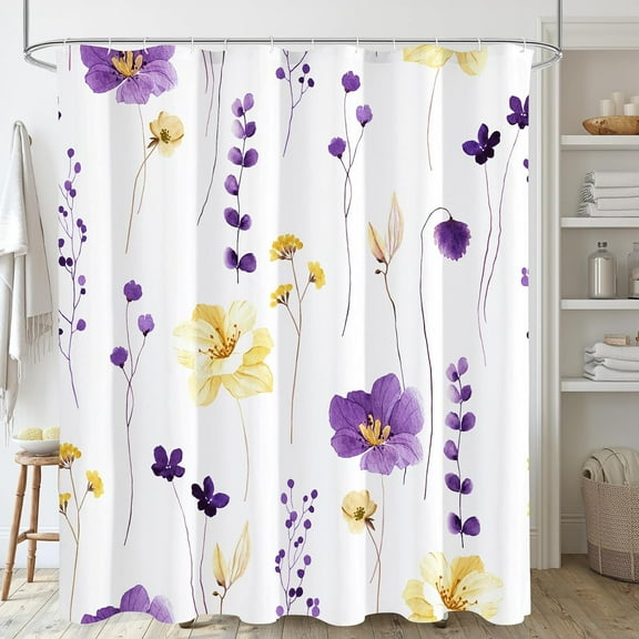 Watercolor Floral Shower Curtain, Purple-yellow Floral Shower Curtain Bathroom, Modern Minimalist Waterproof Fabric Shower Curtain Set with Hooks 72x72in