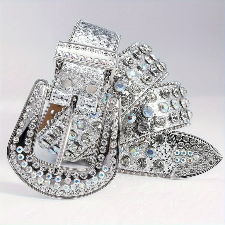VECPIO Trendy Shiny Rhinestone Bb Belts Punk PU Leather Y2K
