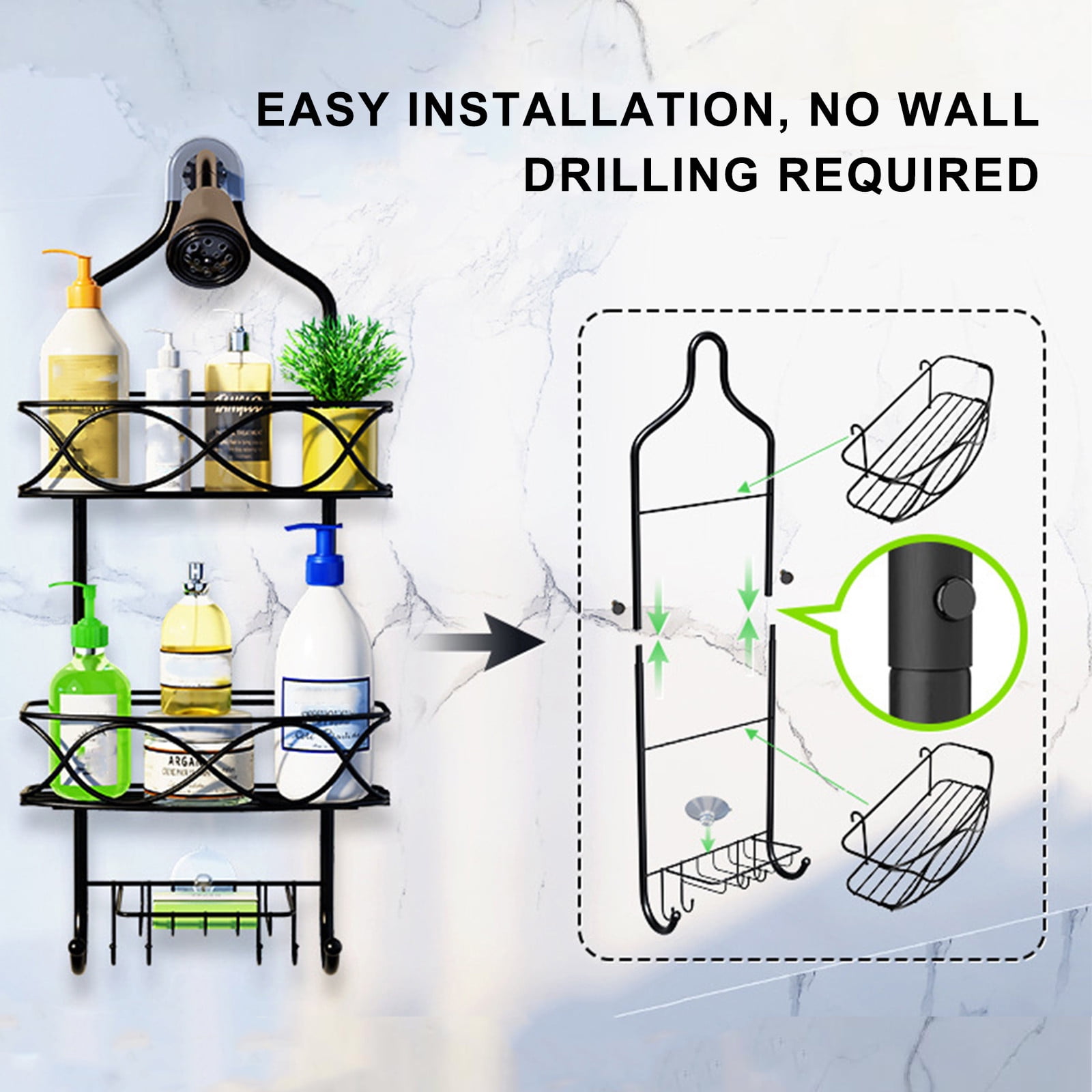 Fufafayo under $5 Shower Caddy Hanging Adjustable Shower Caddy, Rustproof Shower Organizer Extended Length Shower Caddy Over Shower Head with Hooks Soap Holder, Bathroom Organizer
