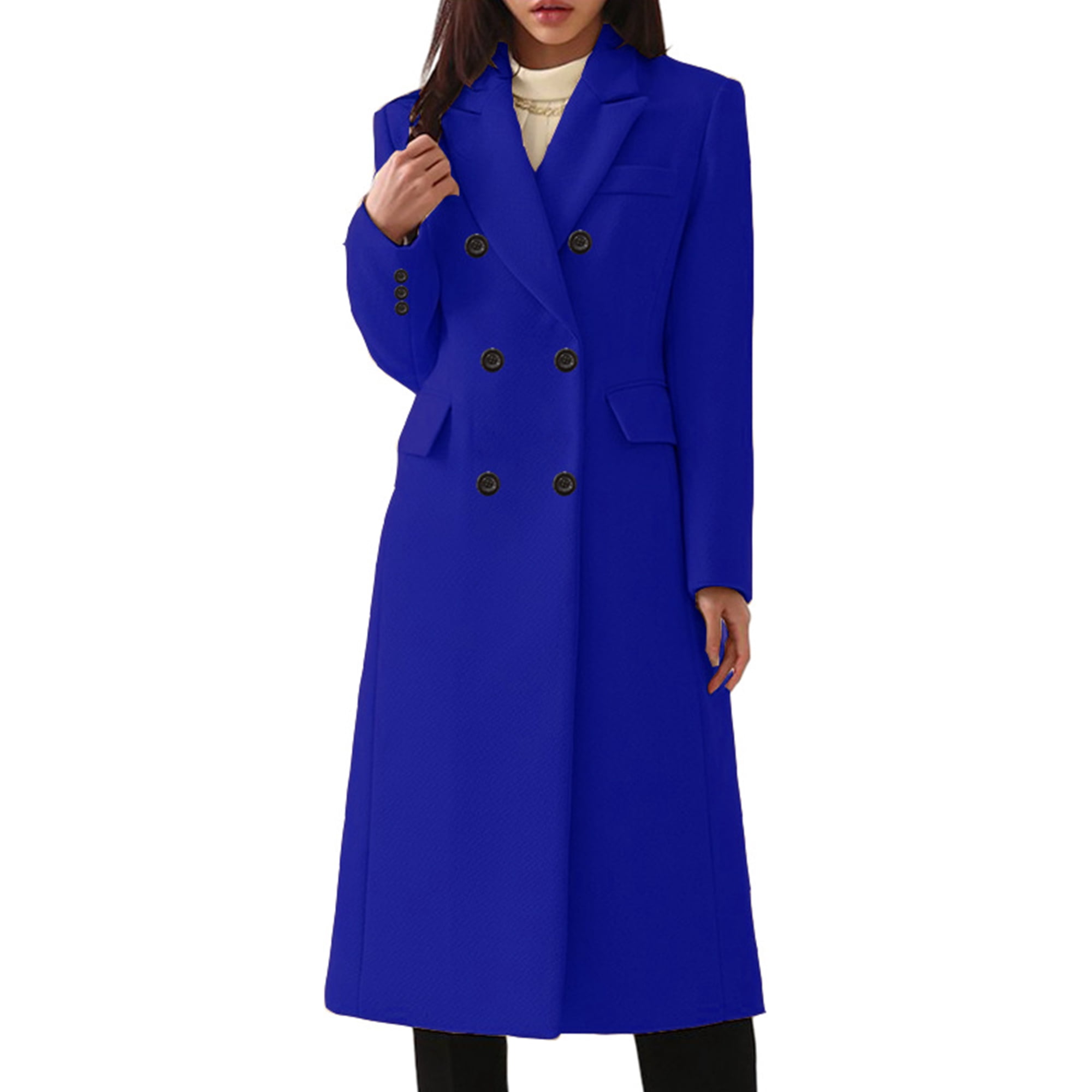 Sexy Dance Ladies Outwear Double breasted Coat Plain Overcoat Casual Jacket Turn Down Collar Trench Coats Blue M