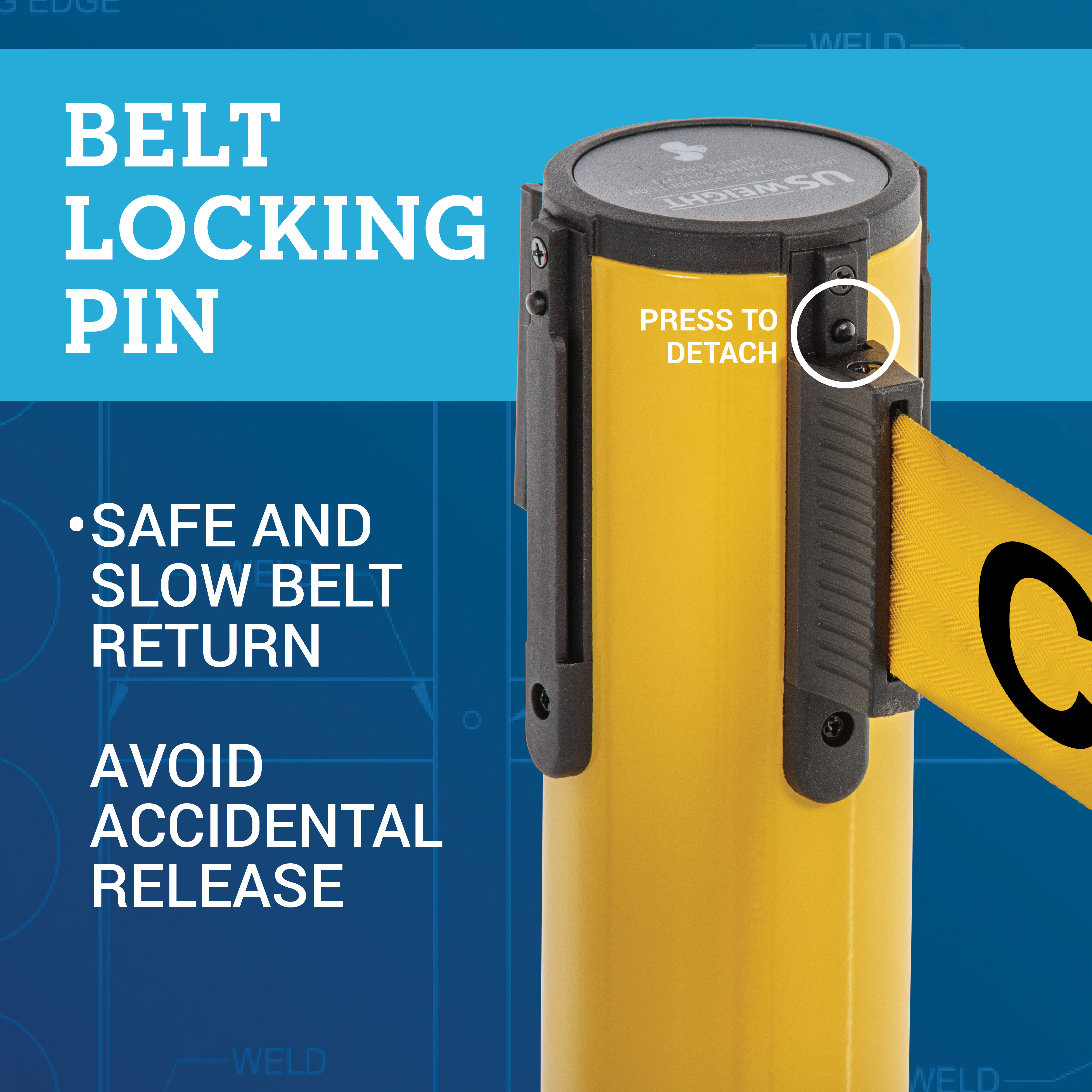 US Weight Heavy Duty Yellow Premium Steel Stanchion with 7.5-Foot Retractable Caution Belt - 2 Pack