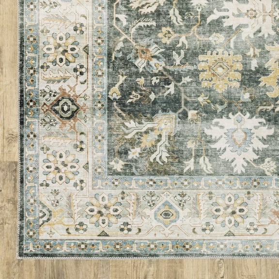 HomeRoots Charcoal Gold Pale Sage Light Oriental Printed Stain Resistant Non Skid Area Rug