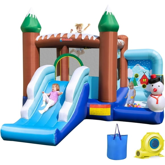 OLAKIDS Inflatable Bounce House , Snowman Theme Kids Jumping Castle with Slide Ball Pit Basketball Rim, Indoor Outdoor Inflatable Obstacle Course with 680W Blower Carry Bag Repair Patches
