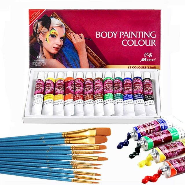 Kit de pintura facial, tubos de pintura profesional de 12 colores, pintura corporal no tóxica e hipoalergénica para Halloween, rico en pigmentos (ideal para adultos)