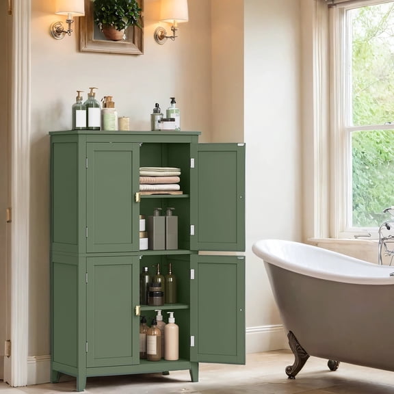 LEDREM Bathroom Storage Floor Cabinet Organizer with 4 Doors & Adjustable Shelves, 43" Wooden Pantry Cabinet Freestanding for Kitchen Living Room Small Spaces,Green